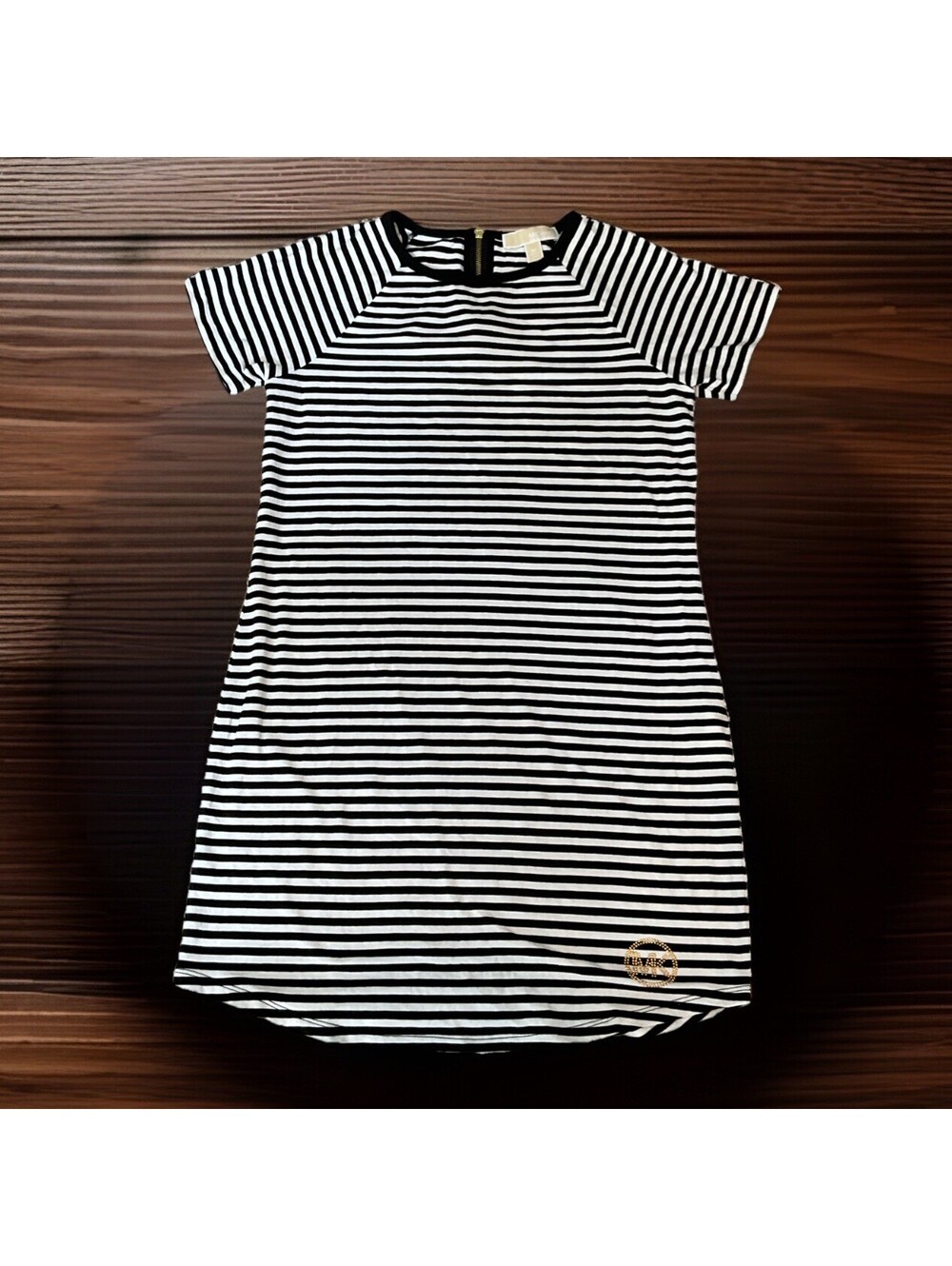 Michael Kors Women's Short Sleeve Dress Gold Logo Black Striped Size XS